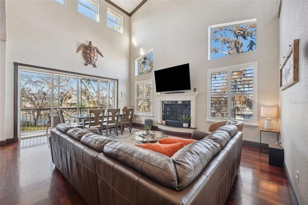 Dining room, Fireplace, Interior, Living room, Wood Texture Flooring
