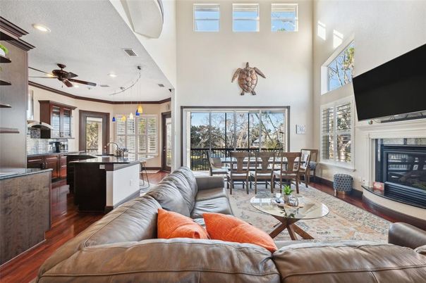 Dining room, Fireplace, Interior, Kitchen, Living room, Pendant Lights, Recessed Lighting, Wood Texture Flooring