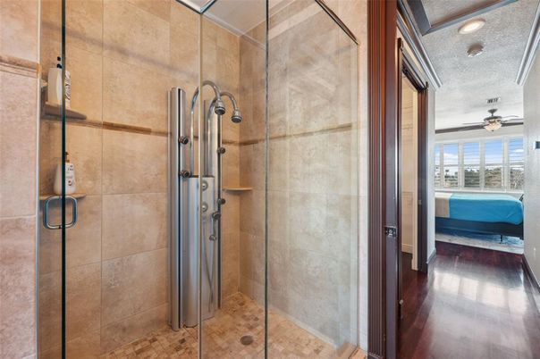 Bathroom, Bedroom, Glass Shower, Interior, Recessed Lighting, Wood Texture Flooring