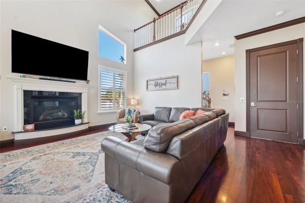 Fireplace, Interior, Living room, Recessed Lighting, Wood Texture Flooring