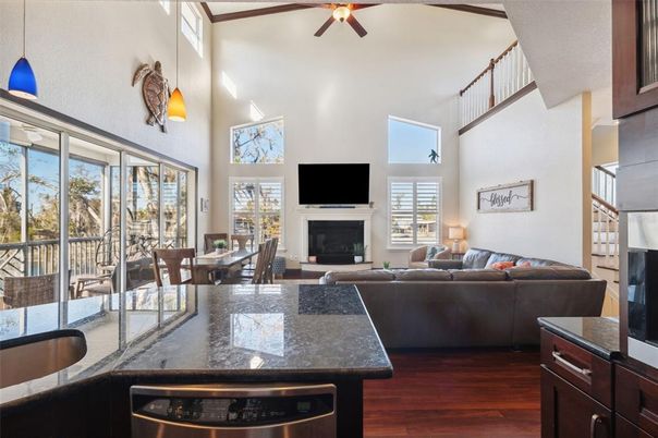 Dining room, Fireplace, Interior, Living room, Pendant Lights, Wood Texture Flooring