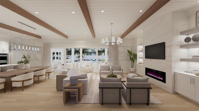 Chandelier, Dining room, Fireplace, Interior, Kitchen, Living room, Pendant Lights, Recessed Lighting, Wooden Beams, Wood Texture Flooring