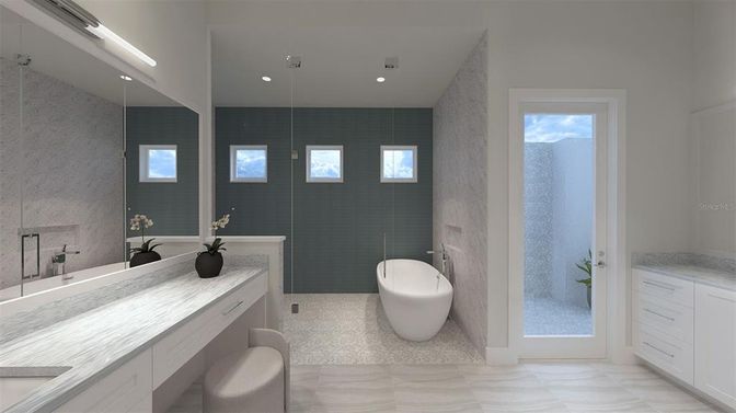 Bathroom, Dual Sink Vanities, Free Standing Baths, Interior, Recessed Lighting