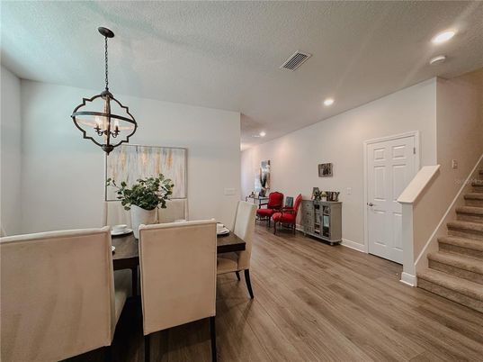 Chandelier, Dining room, Interior, Pendant Lights, Recessed Lighting, Wood Texture Flooring