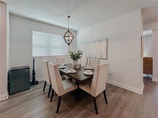 Dining room, Interior, Pendant Lights, Wood Texture Flooring