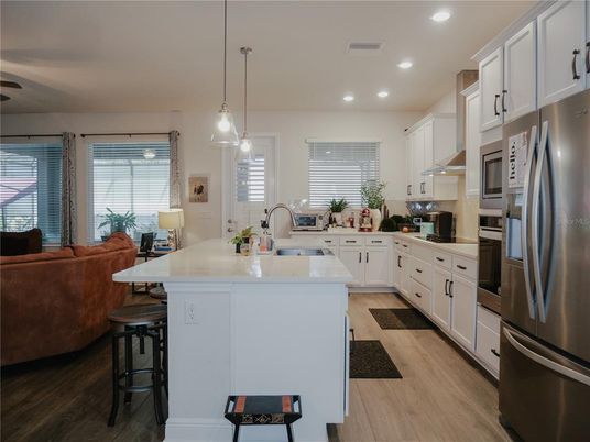 Interior, Kitchen, Pendant Lights, Recessed Lighting, Stainless Steel Appliances, Wood Texture Flooring