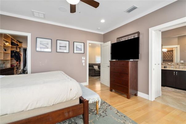 Bedroom, Interior, Recessed Lighting, Wood Texture Flooring