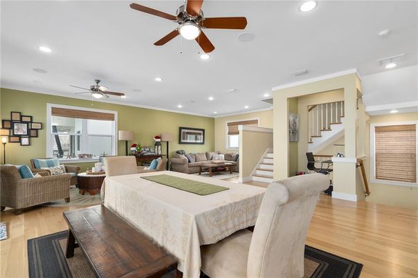 Dining room, Interior, Living room, Recessed Lighting, Wood Texture Flooring