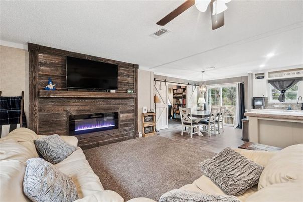 Dining room, Fireplace, Interior, Kitchen, Living room, Pendant Lights, Recessed Lighting, Wood Texture Flooring