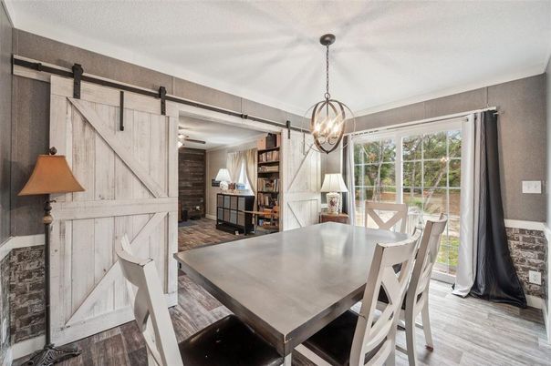 Dining room, Interior, Pendant Lights, Wood Texture Flooring