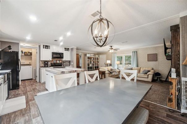 Chandelier, Dining room, Interior, Kitchen, Living room, Pendant Lights, Recessed Lighting, Wood Texture Flooring