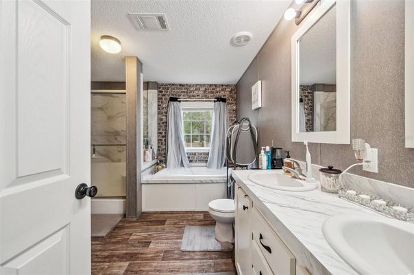 Bathroom, Dual Sink Vanities, Interior, Wood Texture Flooring
