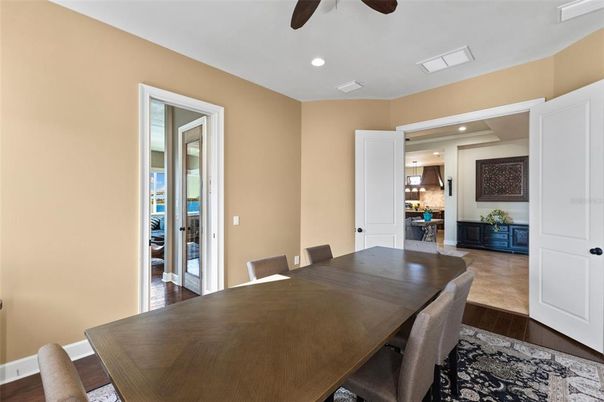 Dining room, Interior, Kitchen, Recessed Lighting, Wood Texture Flooring