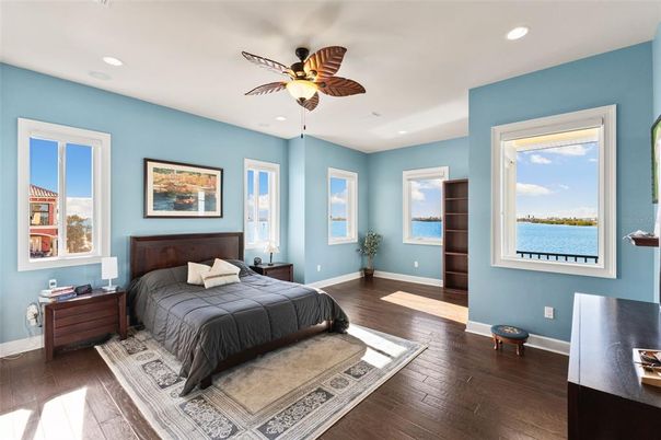 Bedroom, Interior, Recessed Lighting, Water, Wood Texture Flooring