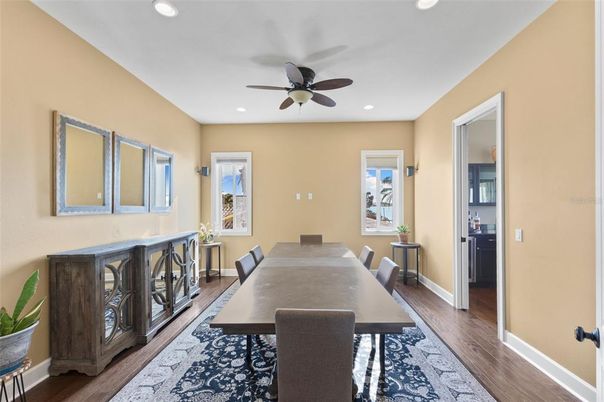 Dining room, Interior, Recessed Lighting, Wood Texture Flooring