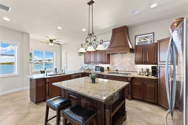 Chandelier, Interior, Kitchen, Recessed Lighting, Stainless Steel Appliances, Water