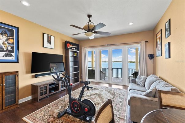 Fitness Equipment, Interior, Living room, Recessed Lighting, Water, Wood Texture Flooring