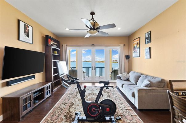 Fitness Equipment, Interior, Living room, Recessed Lighting, Water, Wood Texture Flooring
