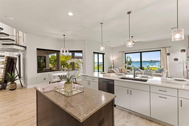 Dining room, Interior, Kitchen, Pendant Lights, Recessed Lighting, Water, Wood Texture Flooring