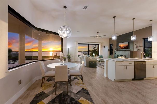 Dining room, Fireplace, Interior, Kitchen, Living room, Pendant Lights, Wood Texture Flooring
