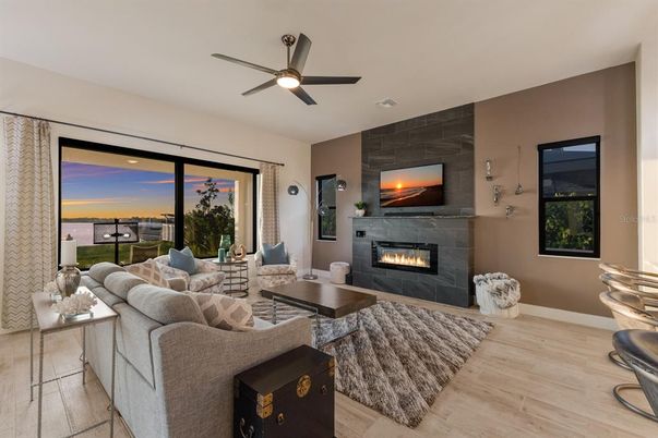 Fireplace, Interior, Living room, Recessed Lighting, Wood Texture Flooring
