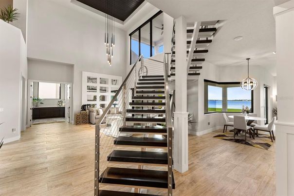 Dining room, Interior, Pendant Lights, Water, Wood Texture Flooring