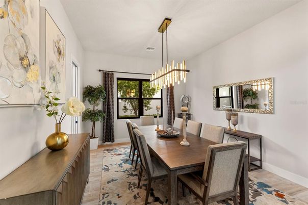 Dining room, Interior, Pendant Lights, Wood Texture Flooring
