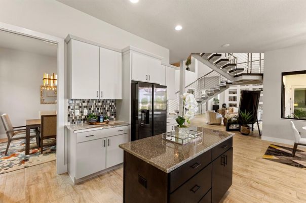 Dining room, Interior, Kitchen, Recessed Lighting, Stainless Steel Appliances, Wood Texture Flooring