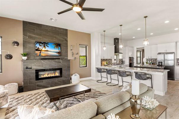 Fireplace, Interior, Kitchen, Living room, Pendant Lights, Recessed Lighting, Stainless Steel Appliances, Wood Texture Flooring