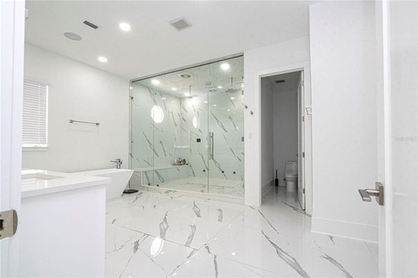 Bathroom, Glass Shower, Interior, Marble, Marble Walls, Recessed Lighting