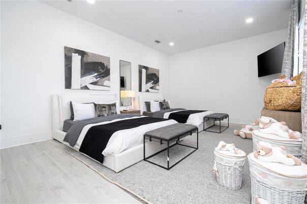 Bedroom, Interior, Recessed Lighting, Wood Texture Flooring
