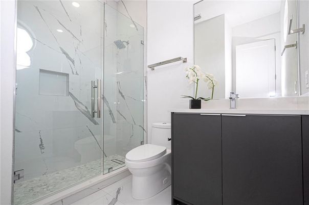 Bathroom, Glass Shower, Interior, Marble, Marble Walls, Recessed Lighting