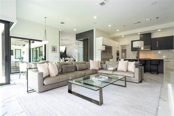 Dining room, Interior, Kitchen, Living room, Marble Walls, Pendant Lights, Recessed Lighting, Stainless Steel Appliances