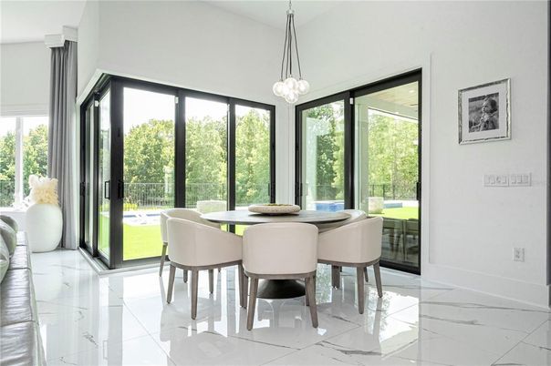 Dining room, Interior, Marble, Pendant Lights