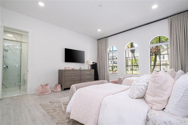 Bathroom, Bedroom, Glass Shower, Interior, Recessed Lighting, Wood Texture Flooring