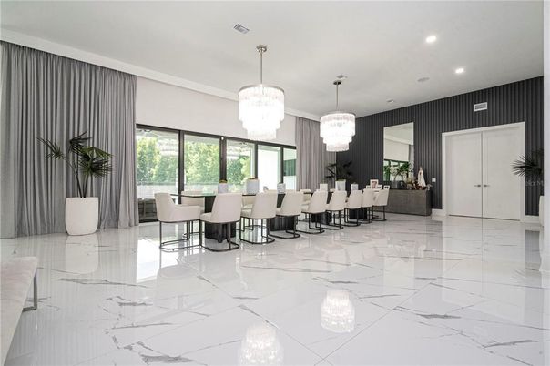 Chandelier, Dining room, Interior, Living room, Marble, Recessed Lighting