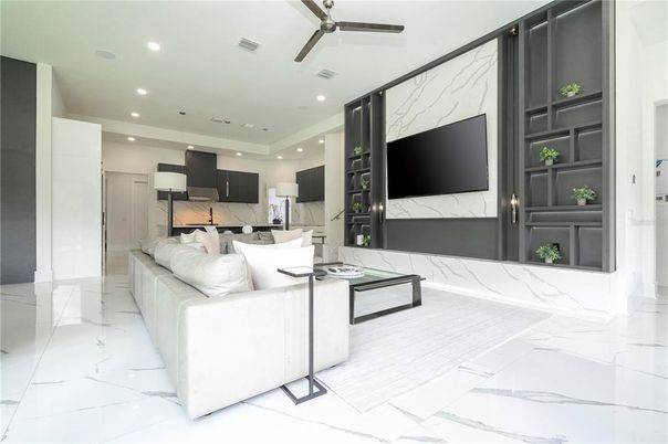 Interior, Kitchen, Living room, Marble, Marble Walls, Recessed Lighting