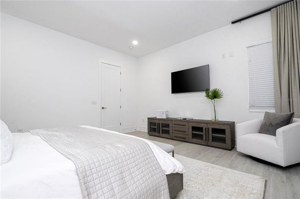 Bedroom, Interior, Recessed Lighting, Wood Texture Flooring