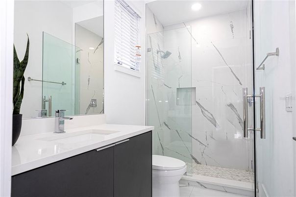 Bathroom, Glass Shower, Interior, Marble, Marble Walls, Recessed Lighting