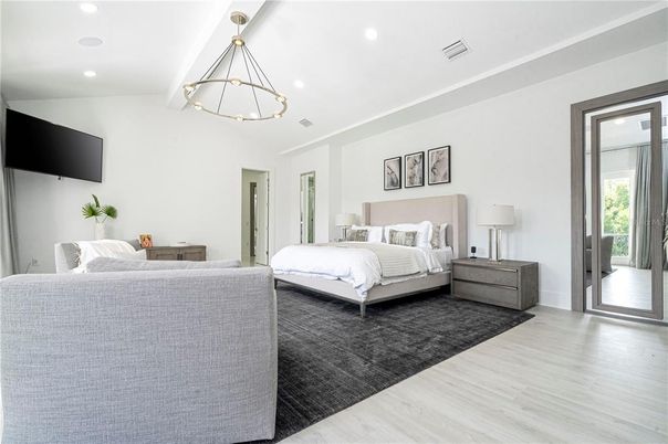 Bedroom, Interior, Pendant Lights, Recessed Lighting, Wood Texture Flooring