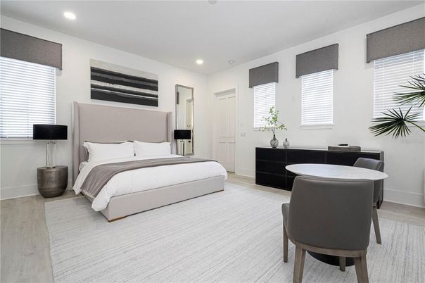 Bedroom, Interior, Recessed Lighting, Wood Texture Flooring
