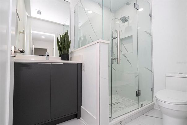 Bathroom, Glass Shower, Interior, Marble Walls, Recessed Lighting