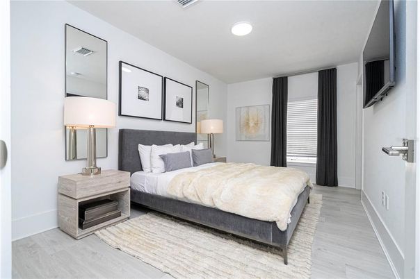 Bedroom, Interior, Recessed Lighting, Wood Texture Flooring