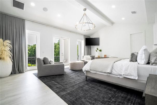 Bedroom, Interior, Pendant Lights, Recessed Lighting, Wood Texture Flooring