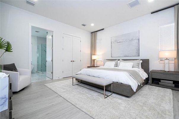 Bathroom, Bedroom, Glass Shower, Interior, Recessed Lighting, Wood Texture Flooring