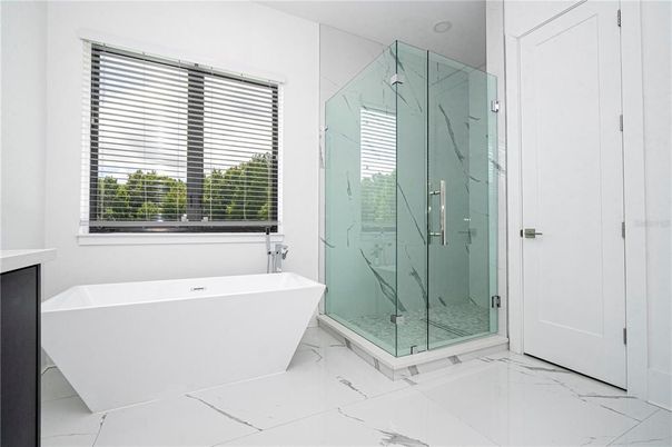 Bathroom, Free Standing Baths, Glass Shower, Interior, Marble, Marble Walls