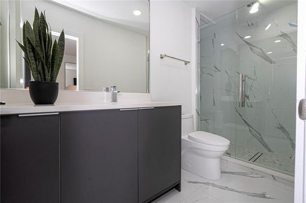 Bathroom, Glass Shower, Interior, Marble, Marble Walls, Recessed Lighting