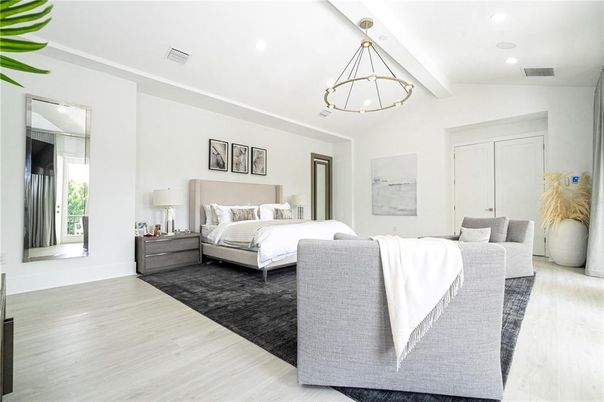 Bedroom, Interior, Pendant Lights, Recessed Lighting, Wood Texture Flooring