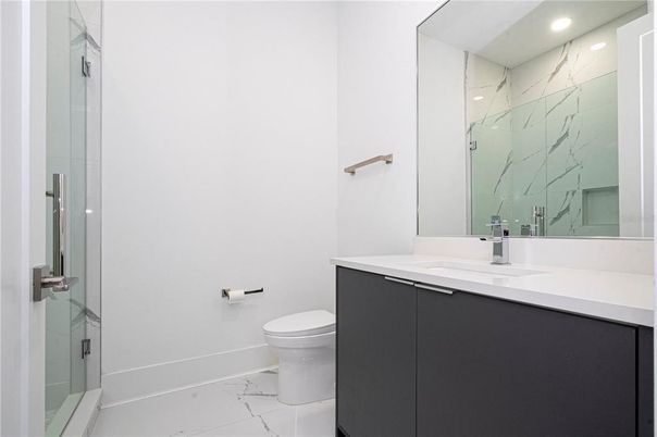 Bathroom, Glass Shower, Interior, Marble, Marble Walls, Recessed Lighting