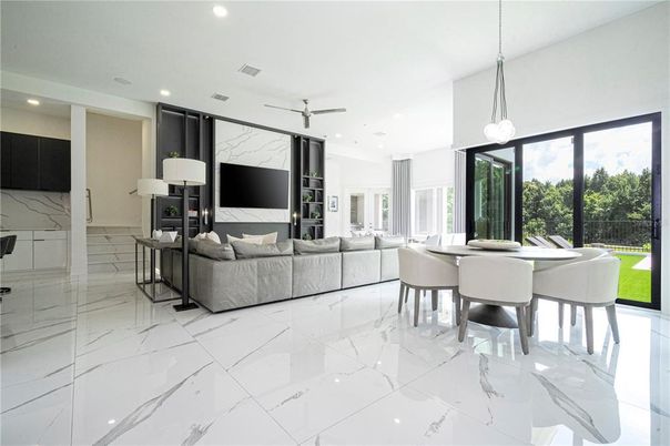 Dining room, Interior, Living room, Marble, Pendant Lights, Recessed Lighting